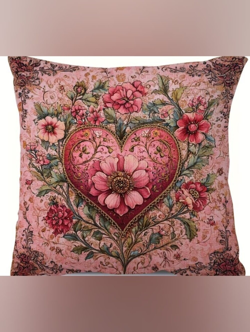 Pink Floral Heart Wall Art Pillow Cover - Decorative Home Accent